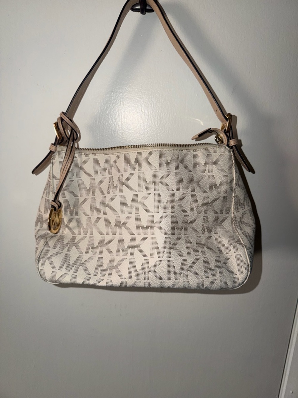 Michael Kors White and Beige MK Logo Shoulder Bag